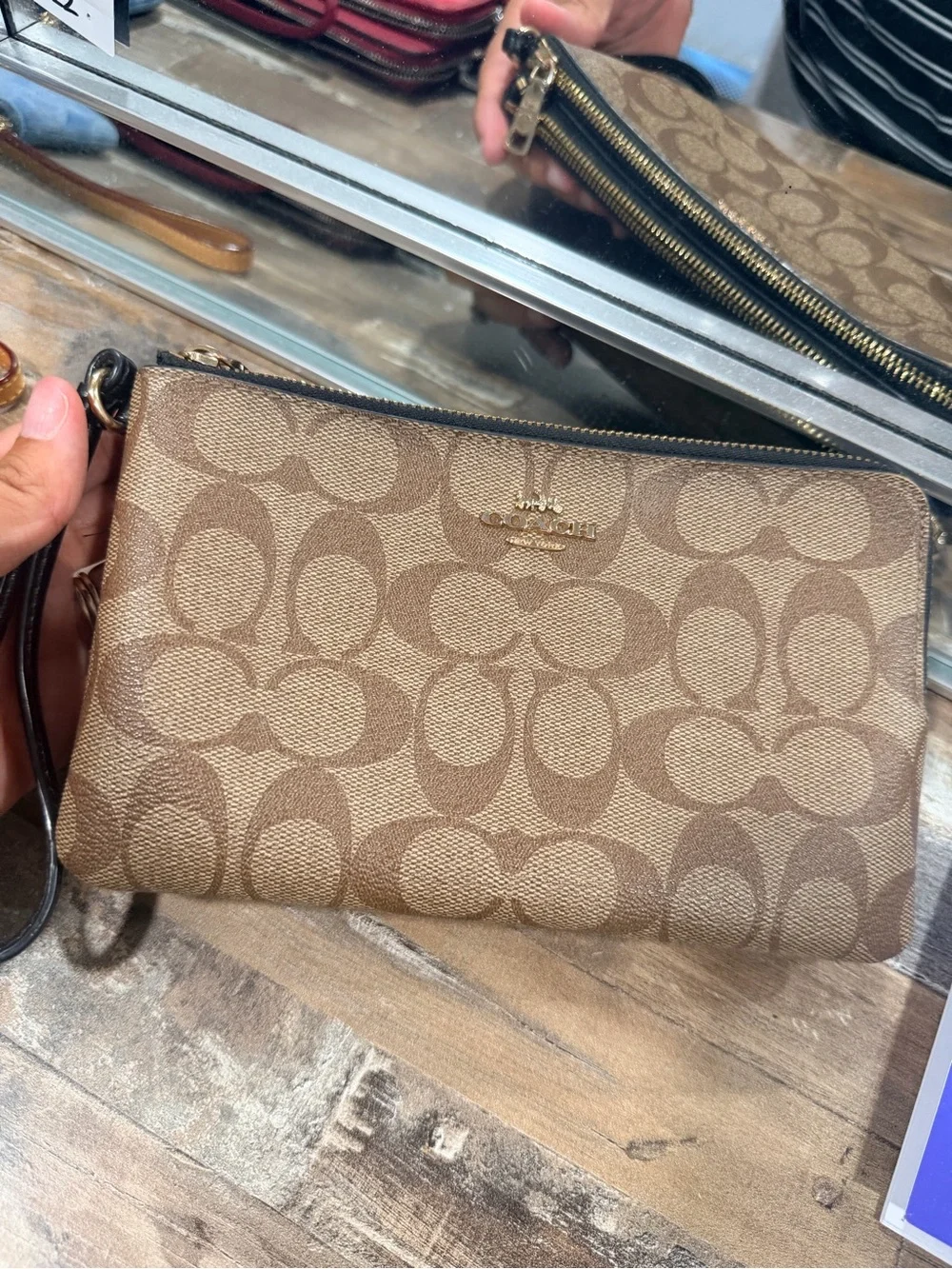 Coach Brown Signature Canvas Wristlet with Gold Logo